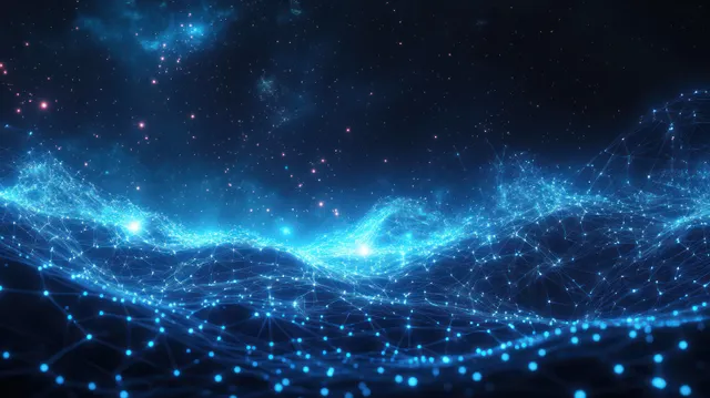 A glowing blue digital grid of connected nodes stretches across a starry night sky.