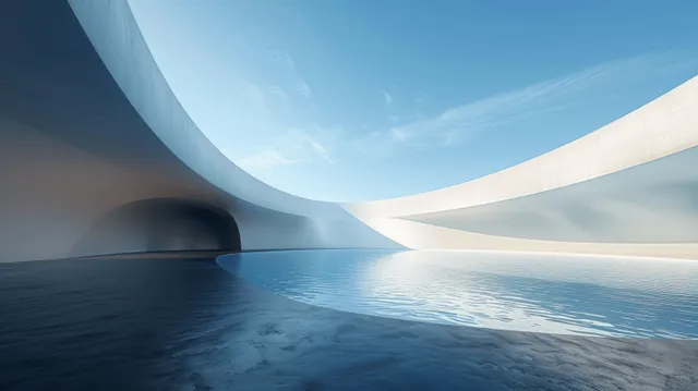 Curved concrete architectural forms surround a reflective water surface under a bright blue sky.