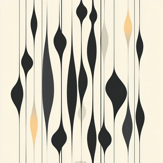 Minimalist abstract elongated teardrop pattern on cream vertical striped background