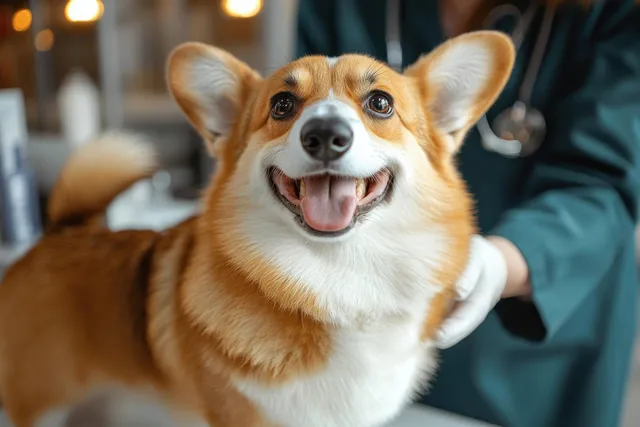 A Pembroke Welsh Corgi looks at the camera while a veterinarian checks it during an indoor clinic visit.