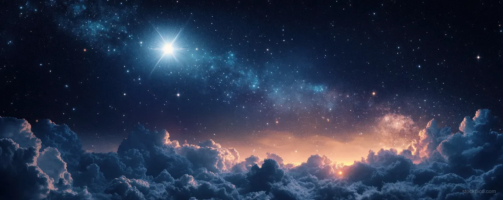 A bright star glows above cloud-filled Bethlehem night sky above a dark manger silhouette.