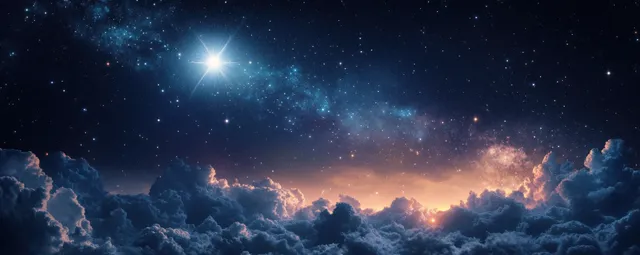 A bright star glows above cloud-filled Bethlehem night sky above a dark manger silhouette.