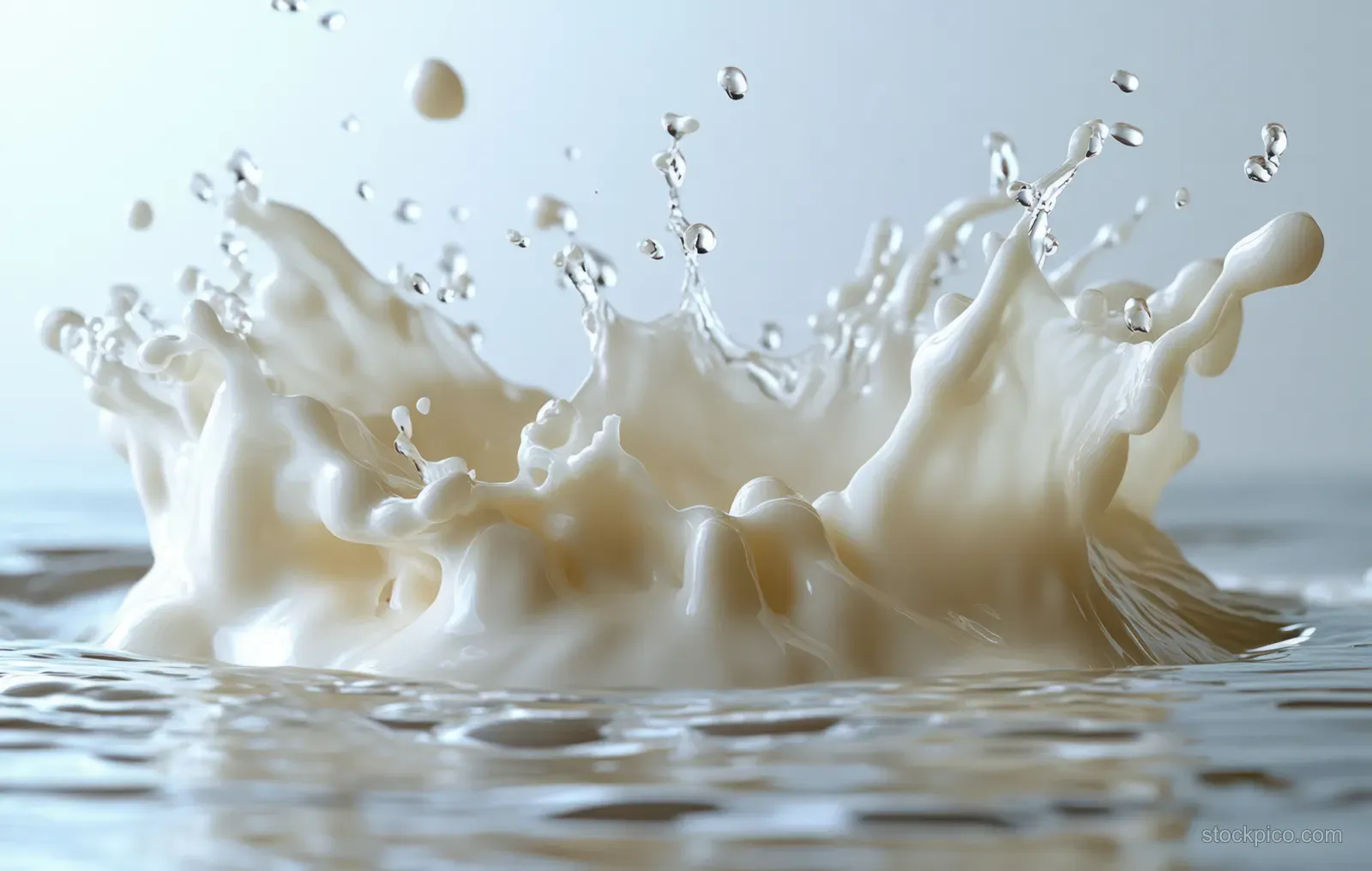 Milk forms a crown splash in a white pool with ripples and scattered droplets.