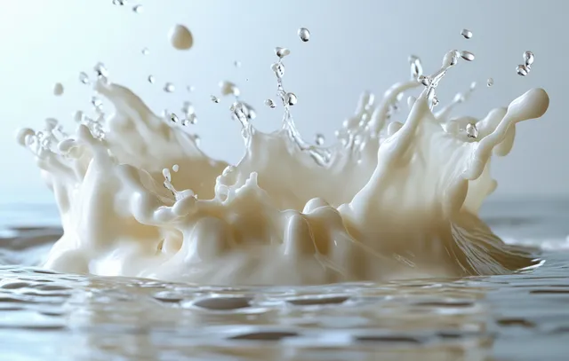 Milk splash crown rising in white pool with ripples and smooth fluid motion