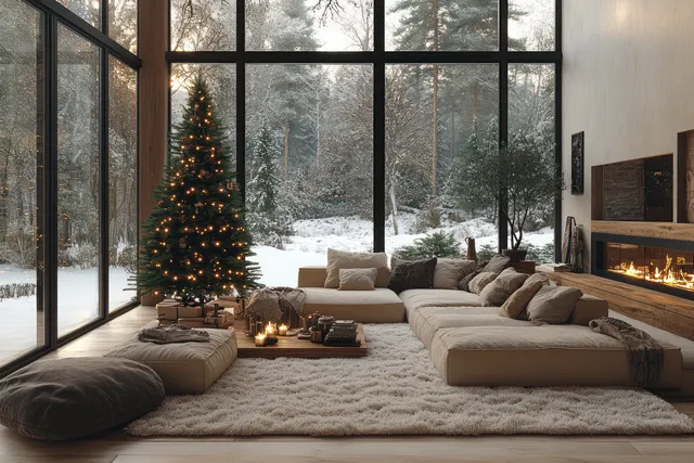 A lit Christmas tree stands in a Scandinavian living room as a fireplace glows and snow-covered trees appear through large windows.