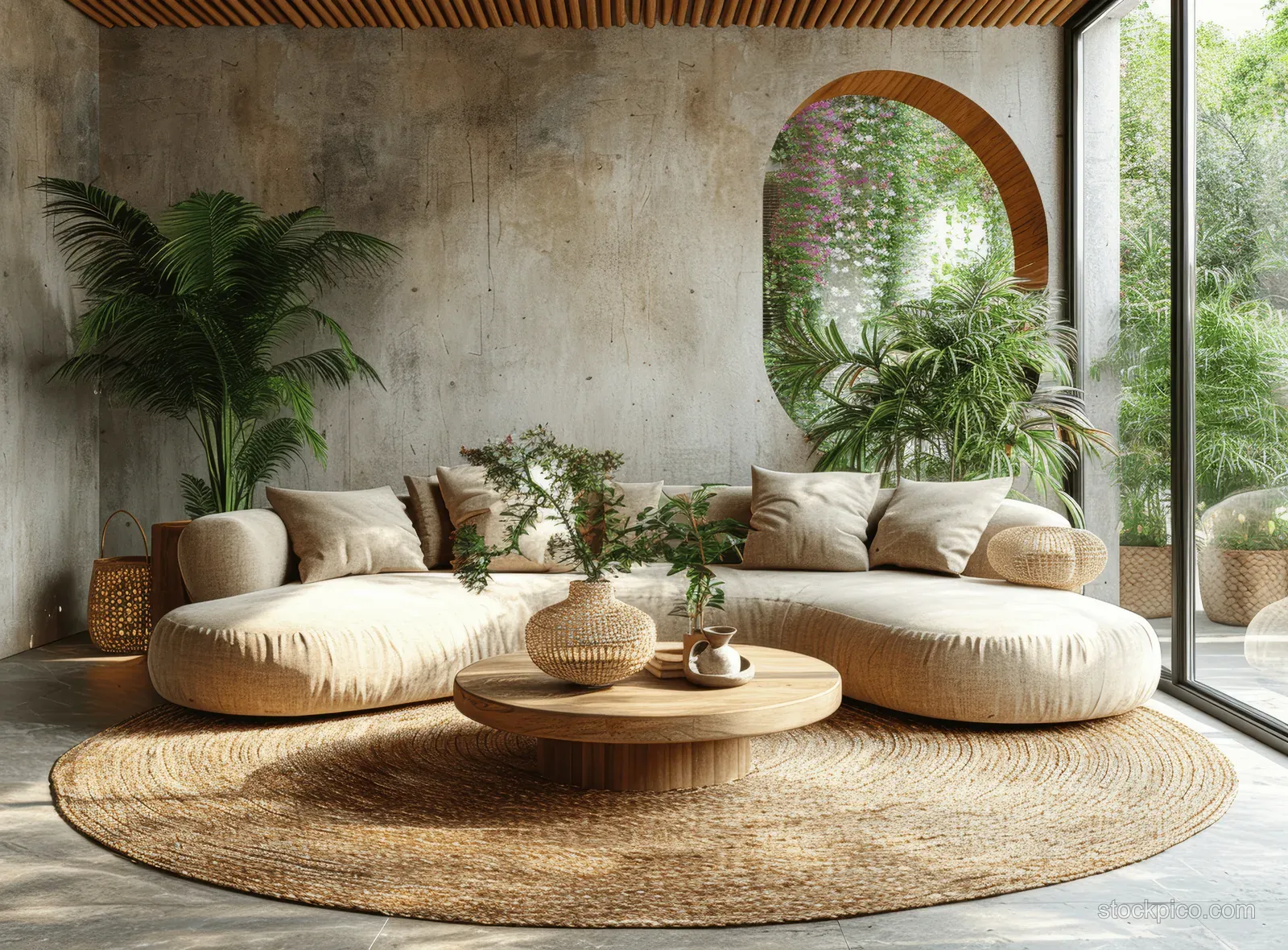 Beige curved sofa and rattan chairs surround a round wood coffee table in a bright living room with an arched mirror.