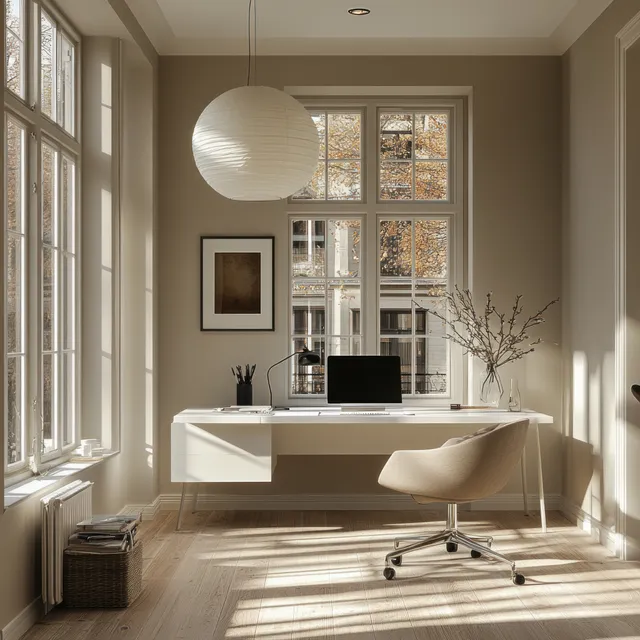 White desk and office chair sit in a sunlit Scandinavian room with large windows and soft shadows.