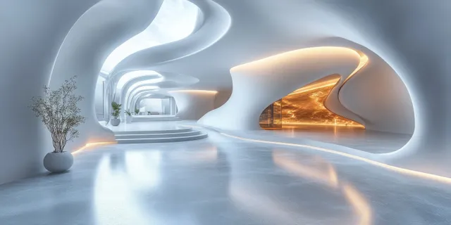 Minimalist futuristic interior with seamless white walls and warm recessed lighting along curved archways.