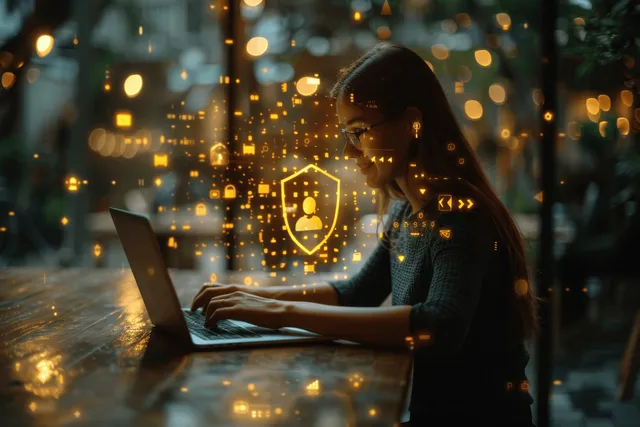 A woman typing on a laptop with a glowing shield lock icon over blurred city lights.