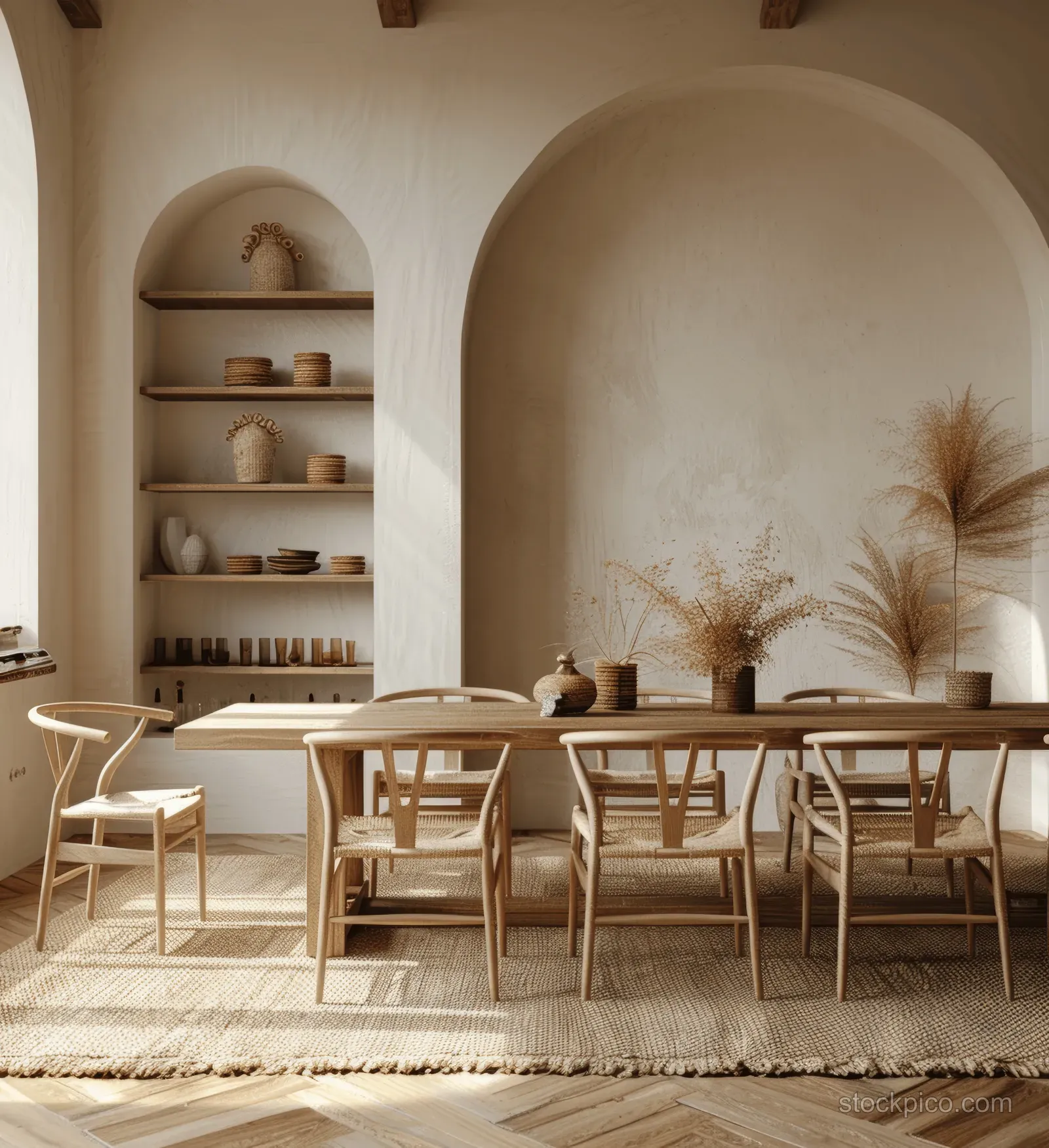 Minimalist dining room with wooden table and chairs, beige carpet, and arched shelves along white walls.