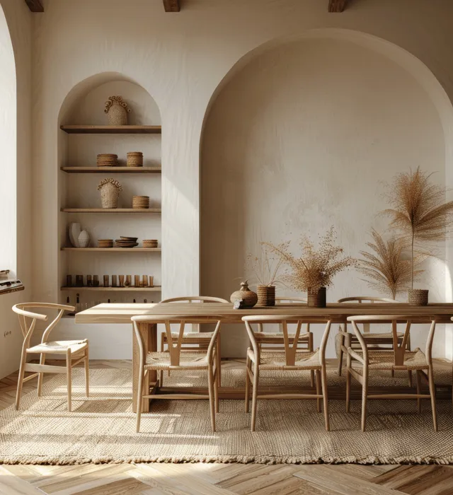 Minimalist dining room with wooden table and chairs, beige carpet, and arched shelves along white walls.