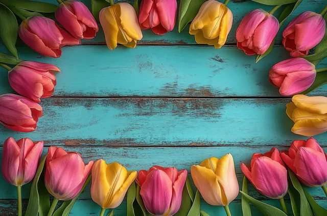 Pink and yellow tulip border framing rustic teal wooden background in spring