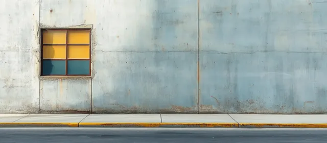 Empty city street beside a weathered concrete wall with one colorful window and a yellow curb in soft daylight.