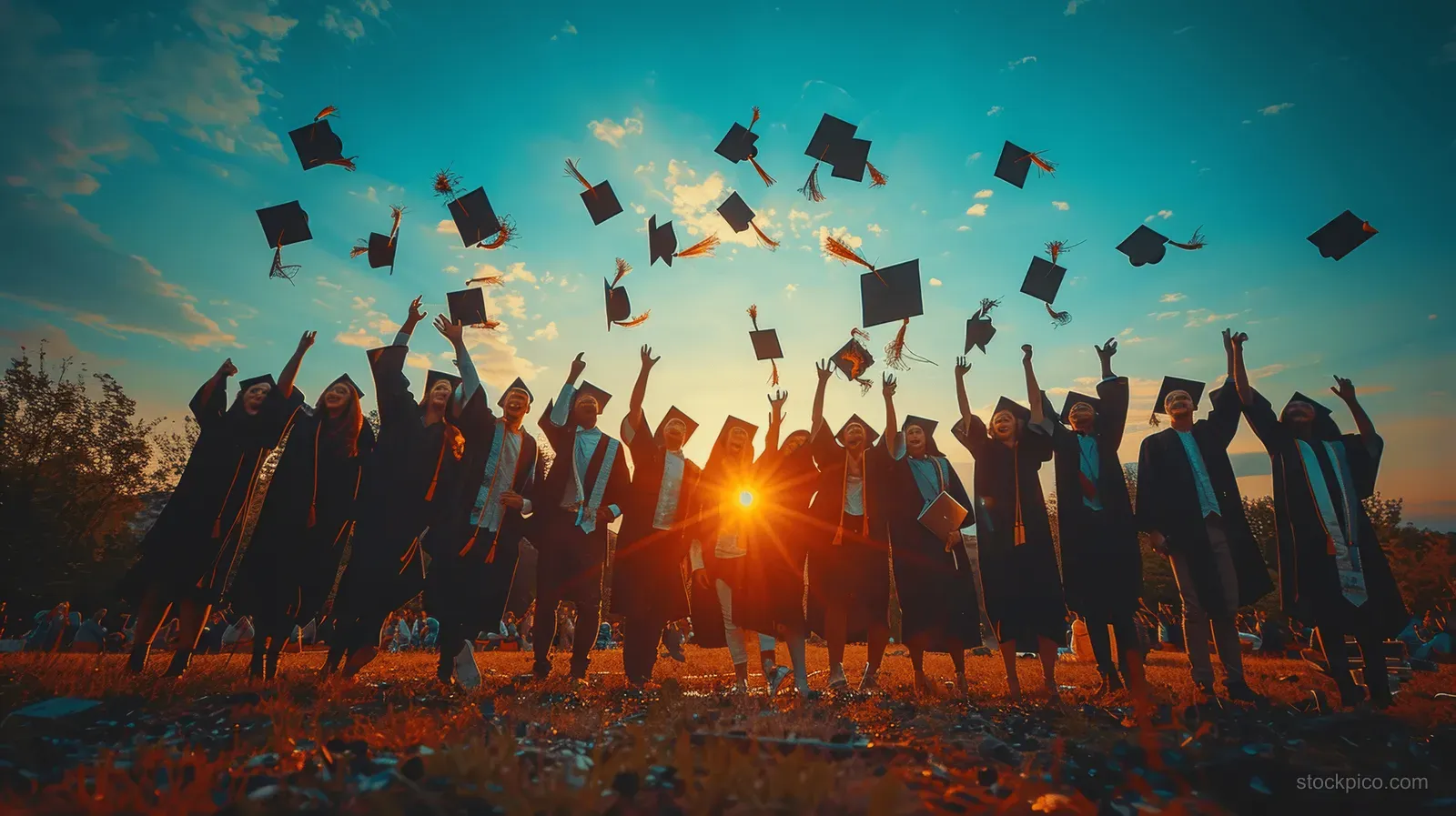 Graduates in caps and gowns cheer while throwing mortarboard hats into the sunset sky on a college campus.