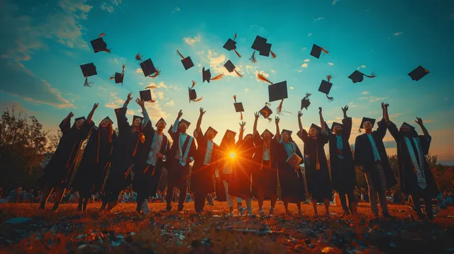 Graduates in caps and gowns cheer while throwing mortarboard hats into the sunset sky on a college campus.