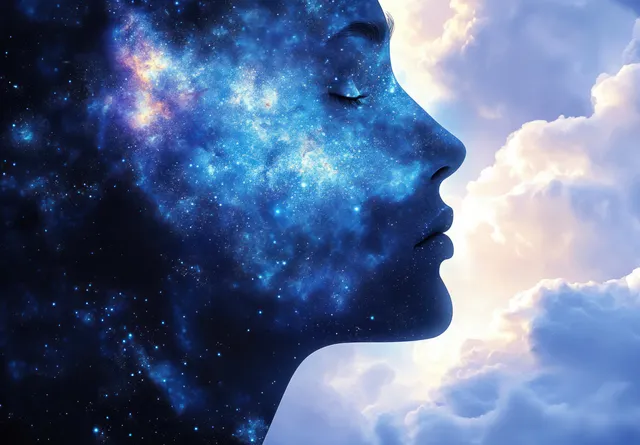 Side-profile silhouette meditating in space, surrounded by nebula colors and glowing chakra aura against cloudy sky.