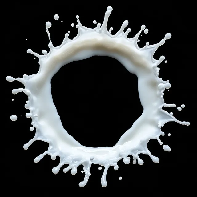Circular milk splash frozen mid-air against a black background with droplets radiating outward.