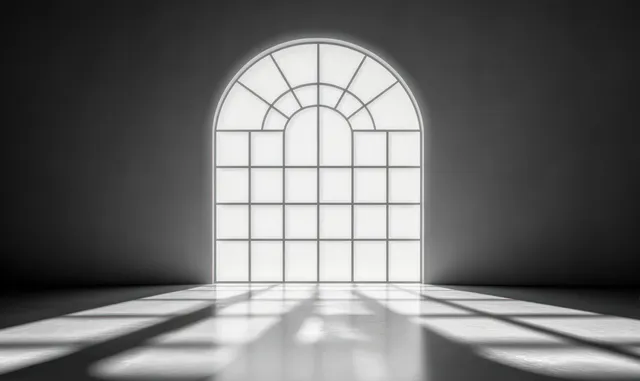 Sunlight from a large arched window casts geometric shadows onto an empty smooth floor in a minimal room.