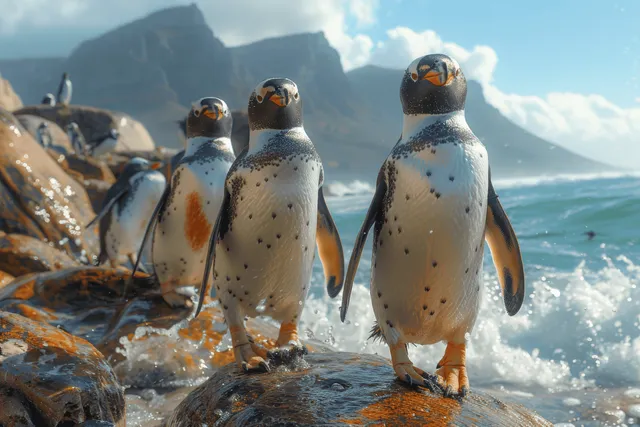 African penguins stand on rocks at Boulders Beach with ocean waves crashing and mountains in the distance.