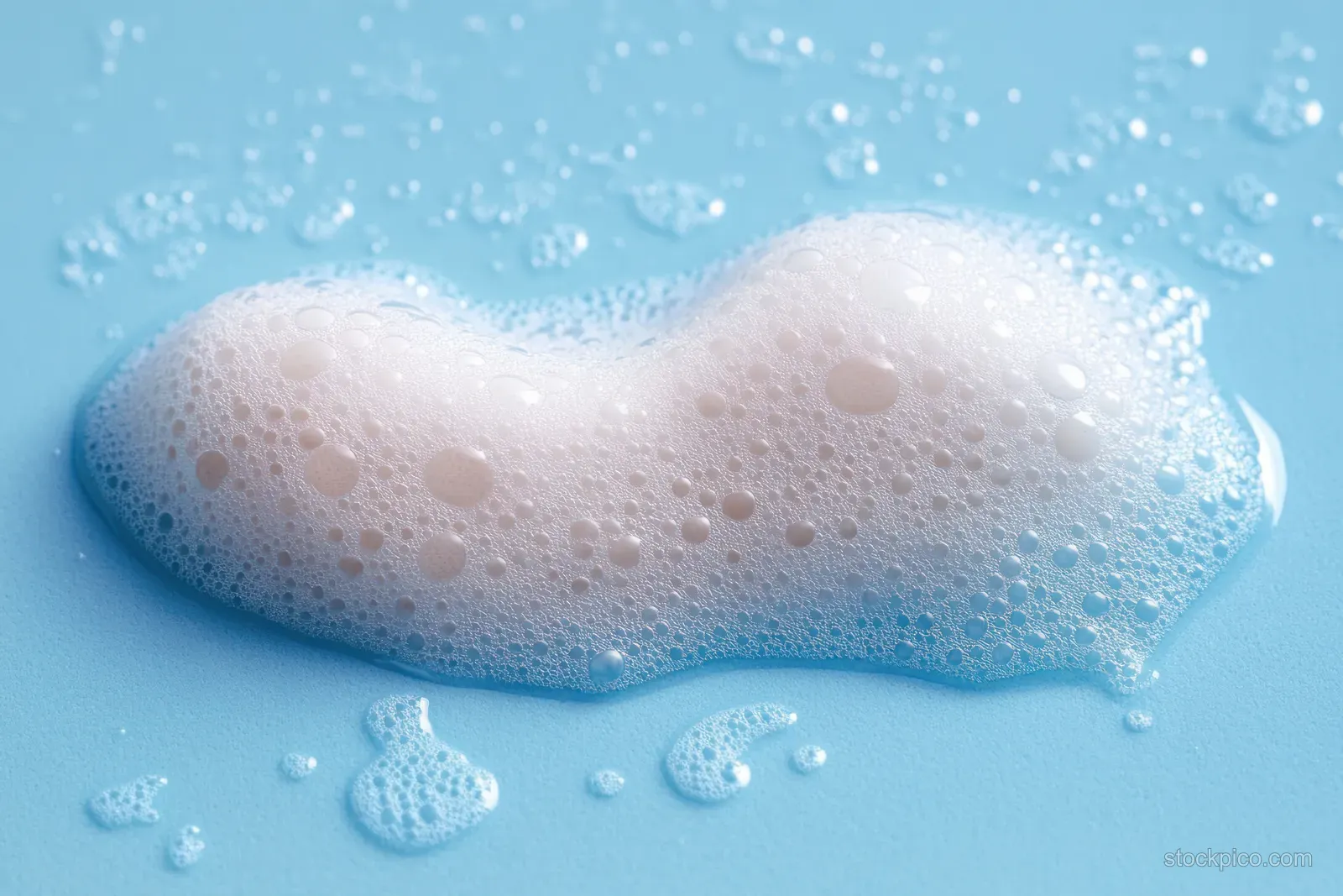 A heart-shaped foam cleanser with scattered bubbles on a blue background.
