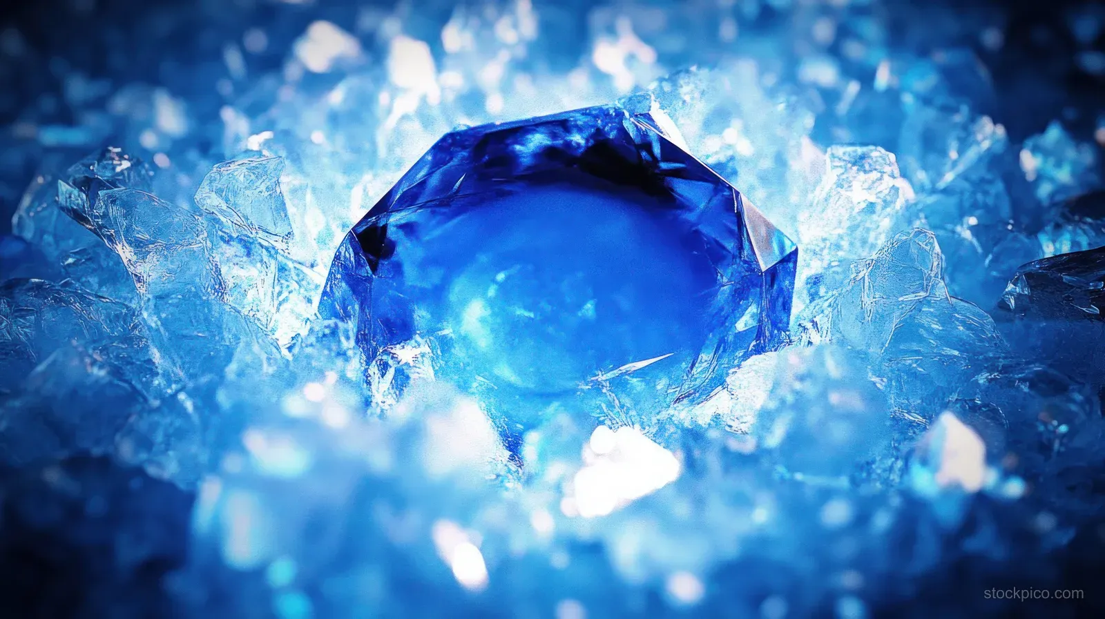 A hockey puck bursts through broken blue ice, scattering shards and light in a motion blur.