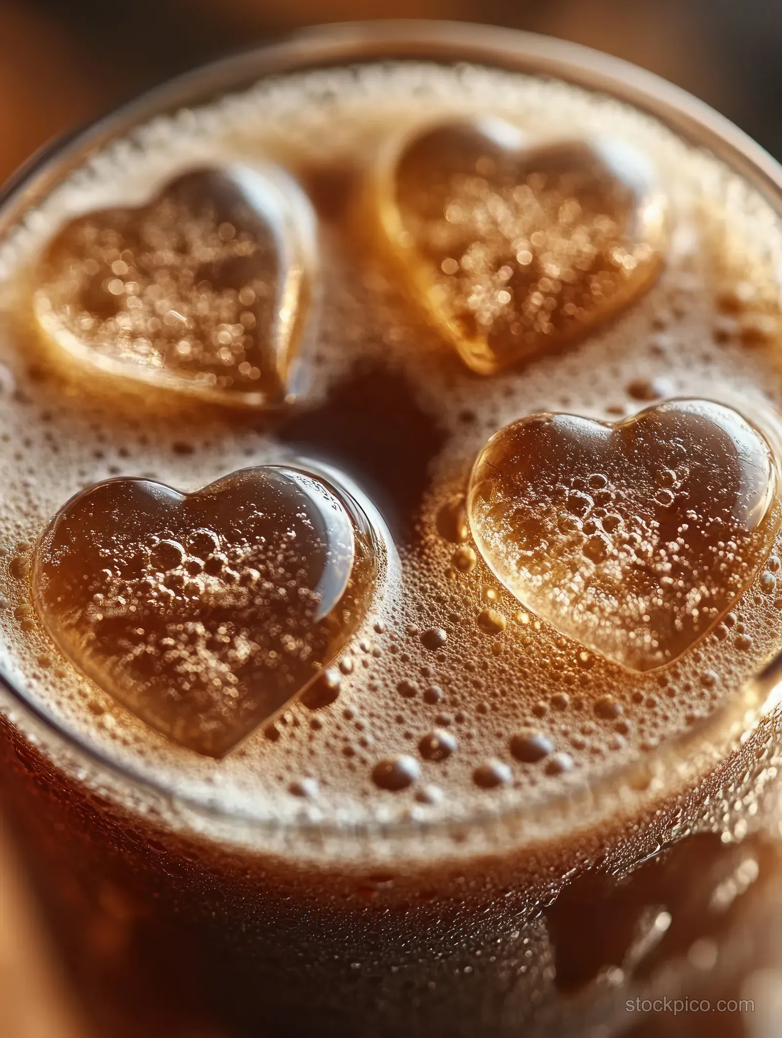 Heart-shaped ice cubes float in a glass of frothy cold carbonated drink with visible bubbles.