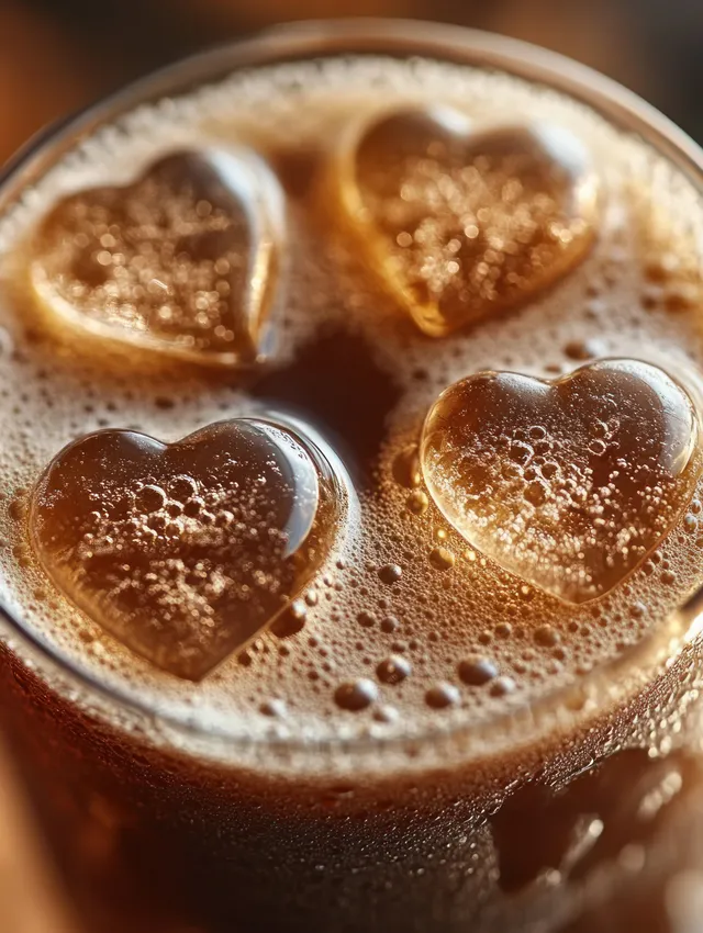 Heart-shaped ice cubes float in a glass of frothy cold carbonated drink with visible bubbles.