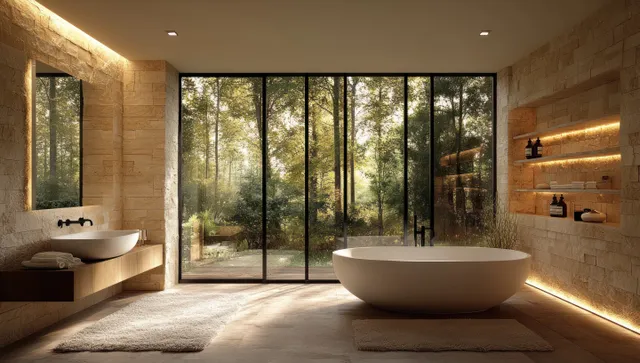 Luxury bathroom with freestanding oval bathtub and warm stone walls, framed by large sliding windows overlooking a tropical garden.
