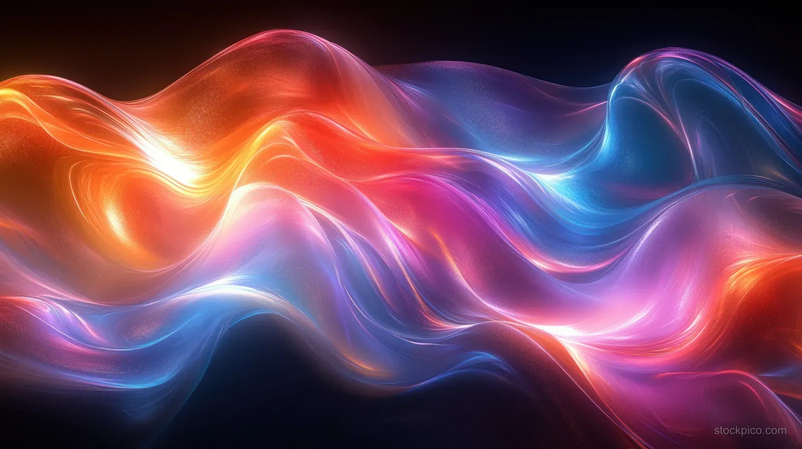 Iridescent rainbow metallic wave ribbons glow and ripple across a dark black background.