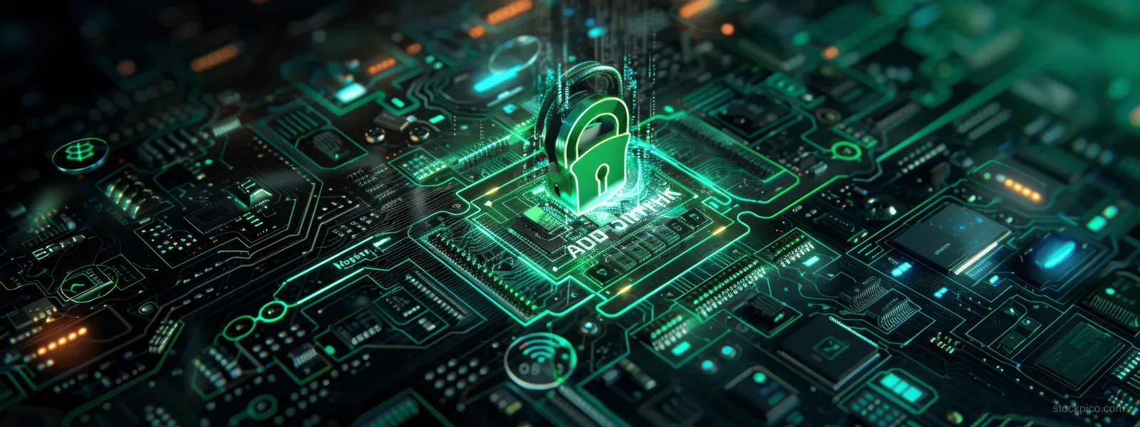 Glowing padlock over a green circuit board with encrypted data flow around secure cyber login.