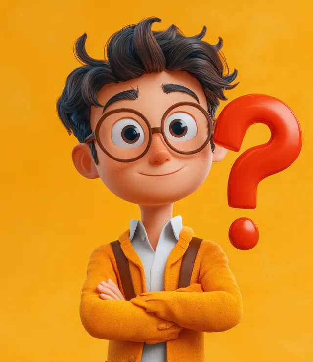 Cartoon businessman with arms crossed pondering answers under bold red question mark