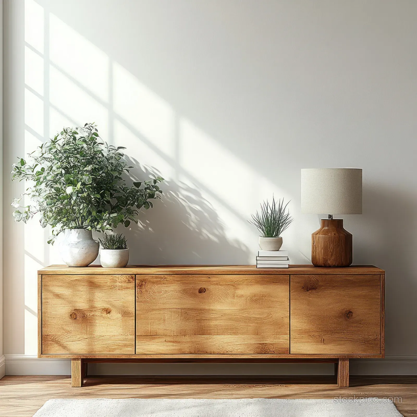 Minimalist Scandinavian sideboard with potted plants and a warm lamp under soft window sunlight in a bright living room.