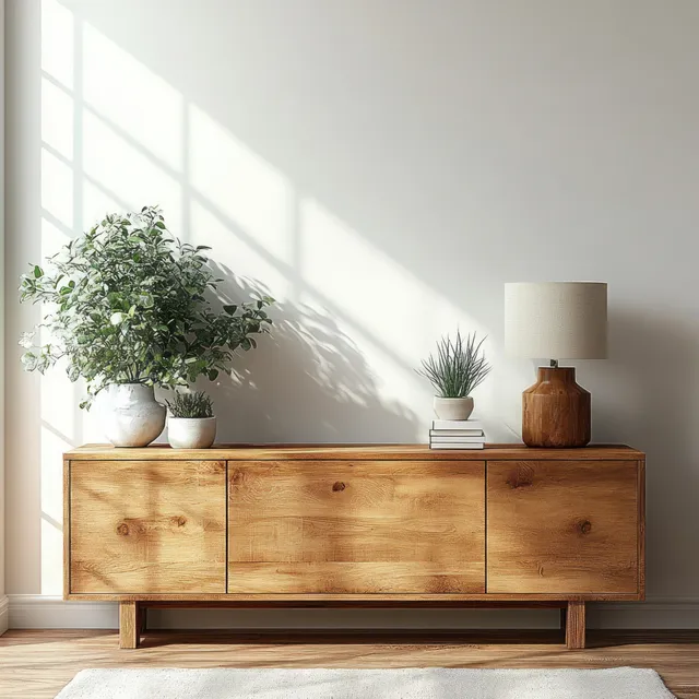 Minimalist Scandinavian sideboard with potted plants and a warm lamp under soft window sunlight in a bright living room.