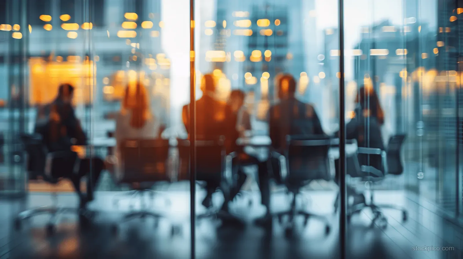 Blurred businesspeople in a glass-walled meeting room with city lights visible through large windows.