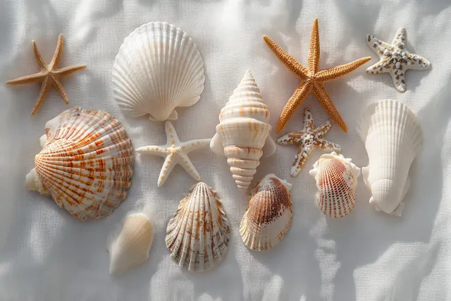 Seashells and starfish arranged on white fabric with soft natural light and subtle shadows.