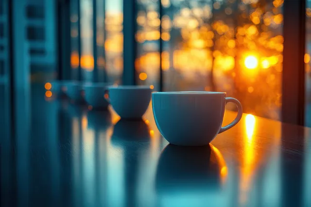 Hands applauding around a meeting table with two coffee cups under warm sunset light.