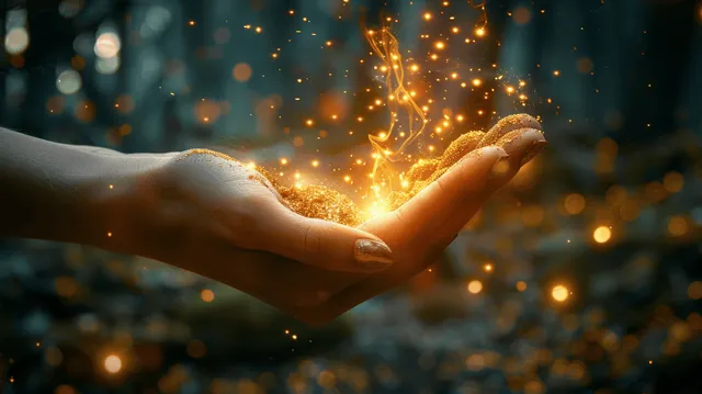 Hand releasing glowing golden sand and magical sparks into a dreamlike dark background