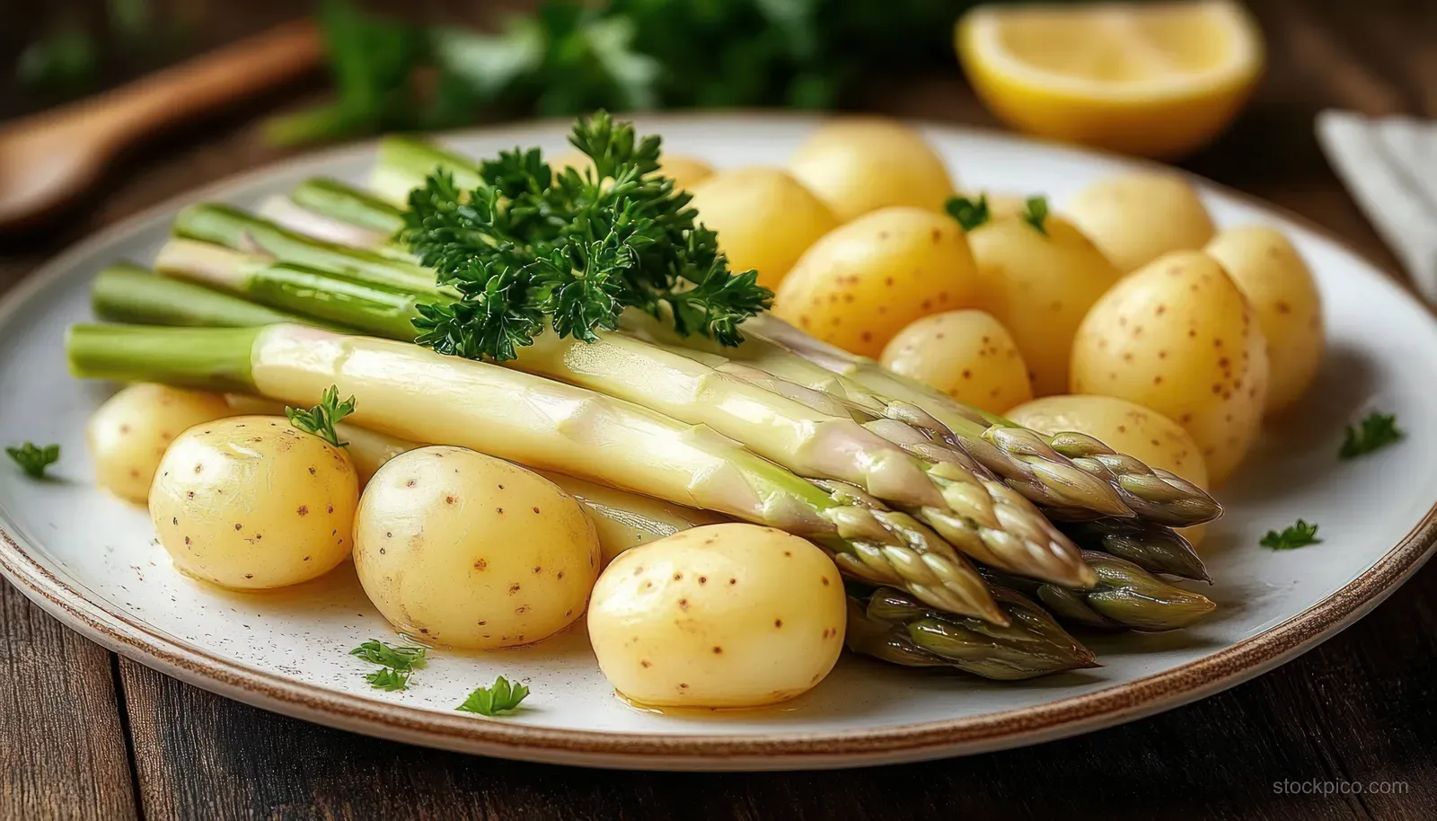 Cooked baby potatoes and white asparagus spears with fresh parsley garnish on a rustic plate, with a lemon wedge blurred behind.