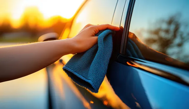 A hand wipes a dark car side window with a blue microfiber cloth during golden-hour sunlight.