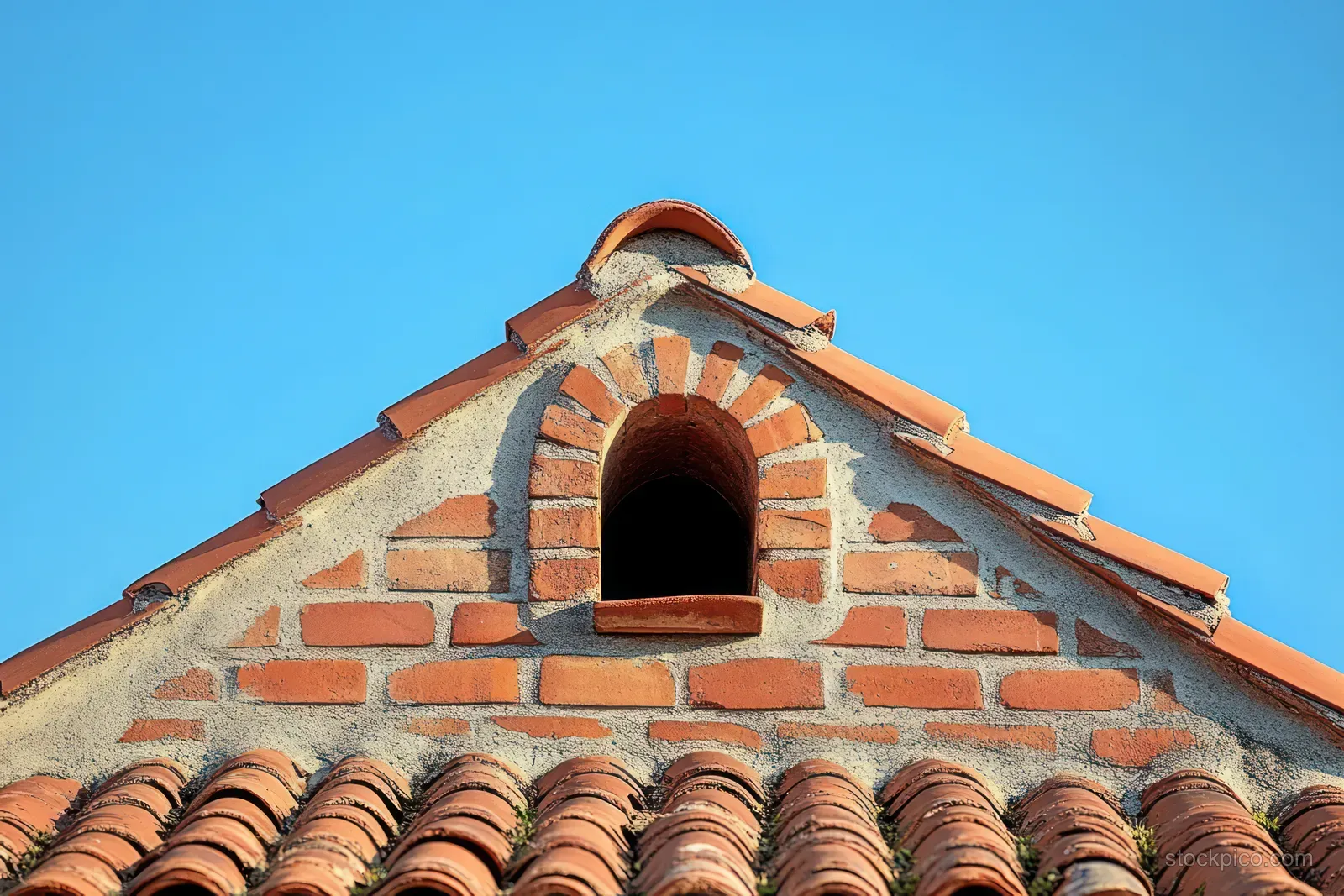 Rustic brick gable with a small arched opening and weathered terracotta roof tiles under a clear blue sky.
