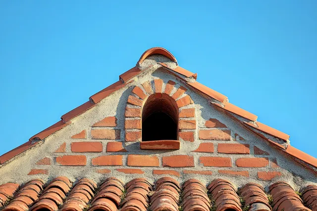 Rustic brick gable with a small arched opening and weathered terracotta roof tiles under a clear blue sky.