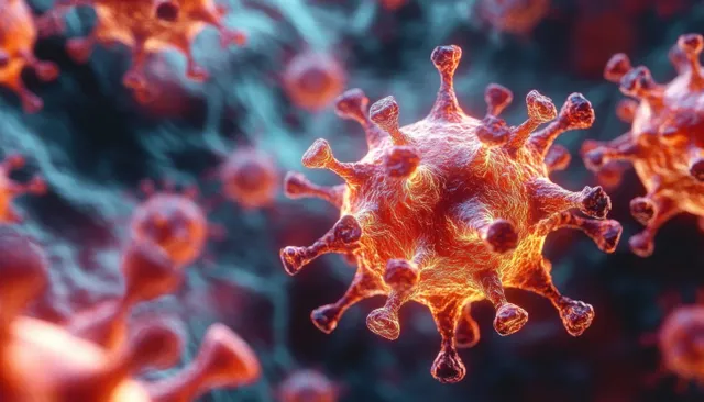 A glowing spherical virus particle with spike-like projections is shown close up among blurred viral particles.