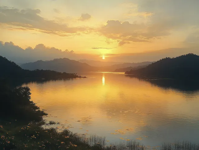 Drone view of Sermo Lake at sunset with calm reflective water, dark hills, and golden clouds in the sky.