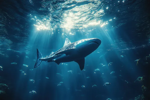 A whale shark glides underwater with schools of small fish around it in sunlit blue water.