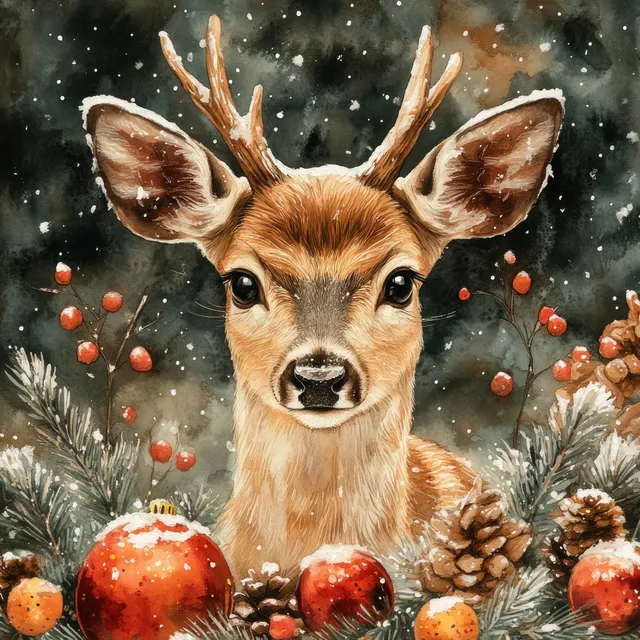 Cozy watercolor deer portrait with winter berries, pinecones, and falling snow for greeting card