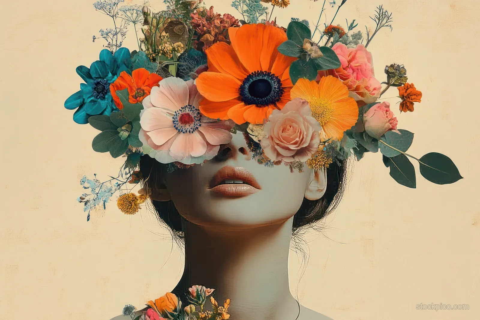 Surreal portrait of a woman wearing a vibrant flower crown with cutout collage elements on a beige background.