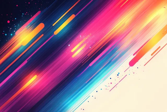 Vibrant geometric streaks with glowing lines and splatter specks across an abstract background