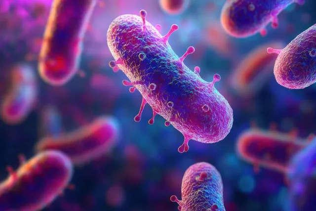 Close-up purple and blue rod bacteria with small spikes floating in a glowing microscopic background.