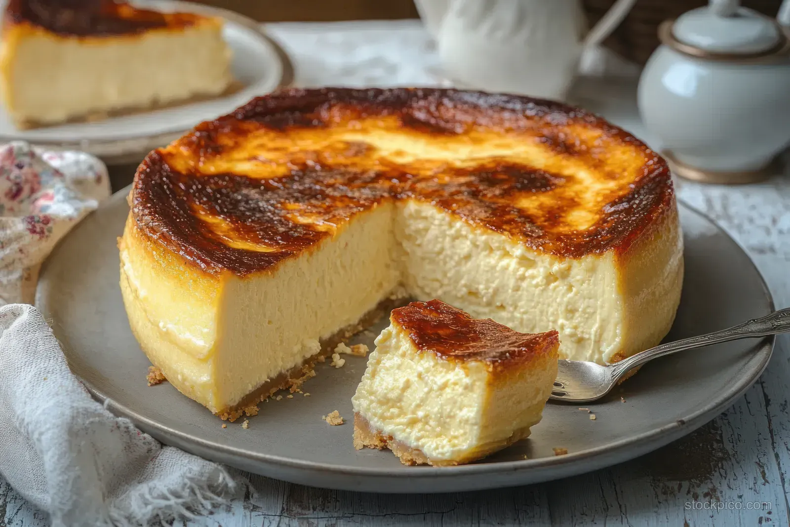 Creamy baked cheesecake with a golden-brown top on a gray plate, with a slice missing and a fork resting nearby.