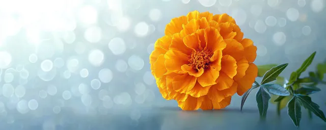 Bright orange marigold bloom with green leaves against a soft blue background featuring gentle bokeh light effects.